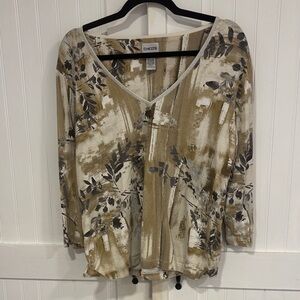 Chico's Beige/brown & Black Patterned, V-neck, 3/4 sleeve top Chico size 3